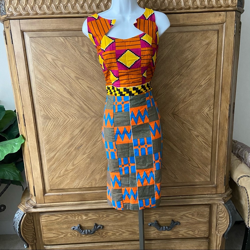 Ethnic Pattern Midi Print Orange Dress